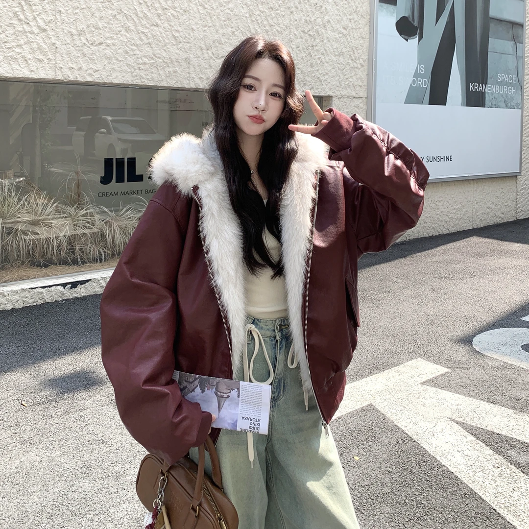 安可拉红酷飒街头风PU皮棉衣女短款2025冬季高级感小个子休闲外套