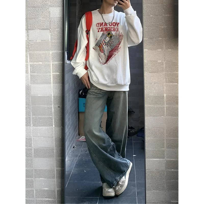 美式复古长袖圆领卫衣男女秋冬季潮牌动漫印花宽松情侣慵懒风上衣