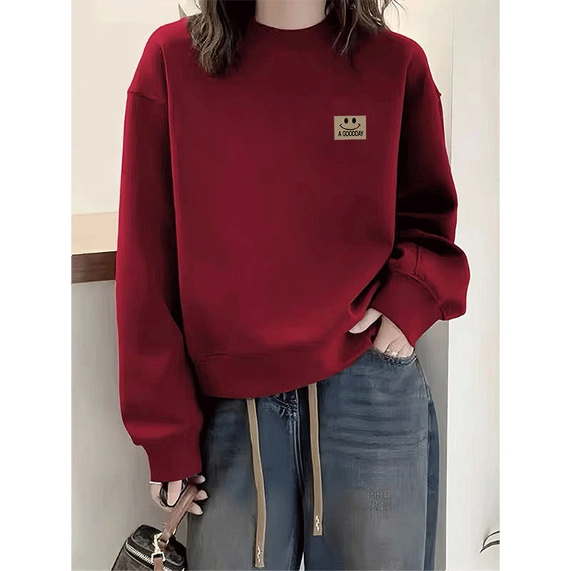 加绒加厚圆领套头卫衣女宽松休闲百搭外套红色上衣2025春秋冬季潮