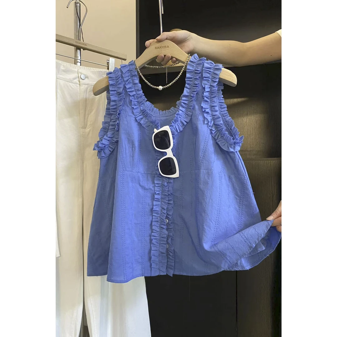 璎婲sᴀᴋᴜʀᴀ【盛夏蝉鸣】曼韩版V领花边刺绣提花甜美减龄无袖衬衫