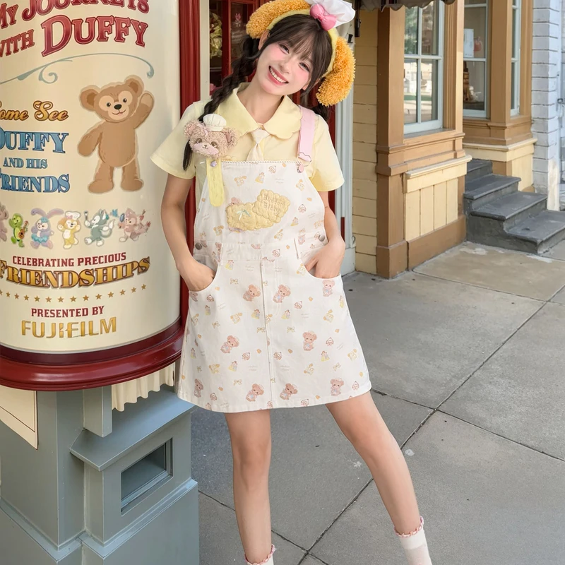 森女部落原创甜美元气小个子宽松小熊印花背带裙女2025初夏穿搭