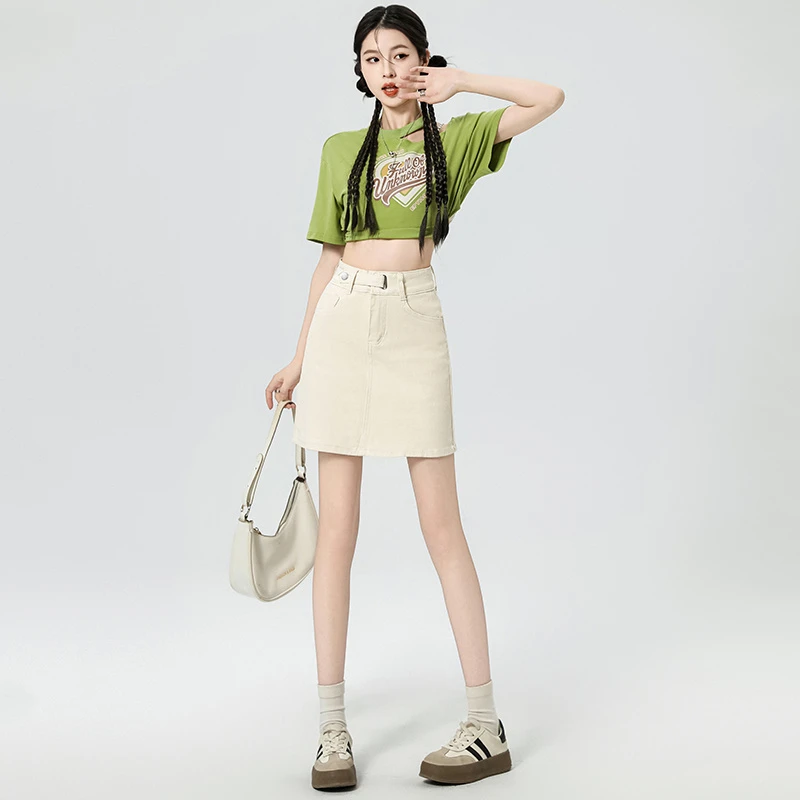 8012#夏季米白高腰牛仔A字半身裙2025新款高腰辣妹防走光包臀短裙