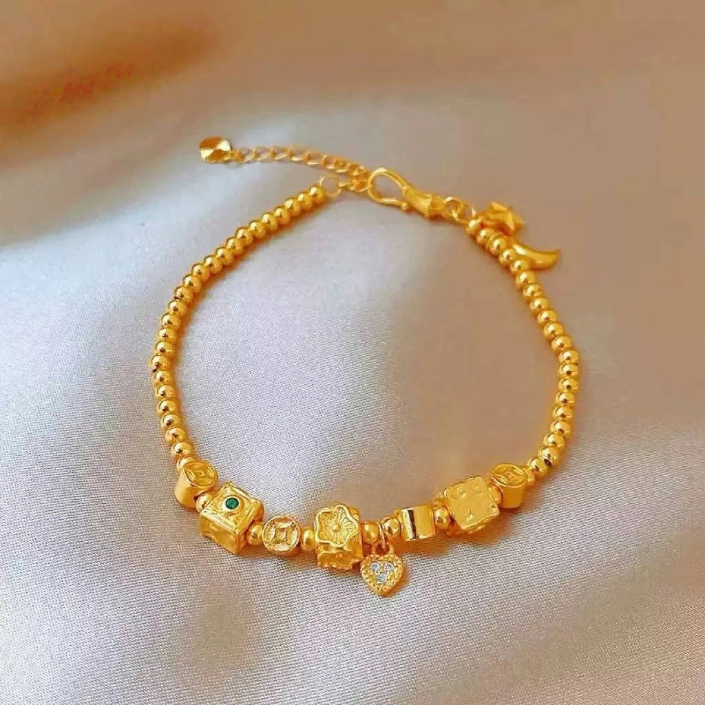 铜合金手链 【樱花铜钱星月方块微镶爱心手链】金色光面百搭素款