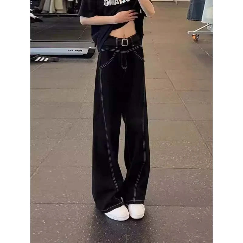 设计感辑明线轮廓黑色牛仔裤男女同款百搭新款潮牌高级感阔腿裤潮