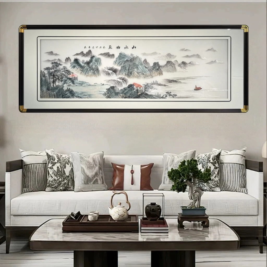 苏绣刺绣山水如画装饰画新中式客厅沙发背景墙挂画办公室茶室壁画