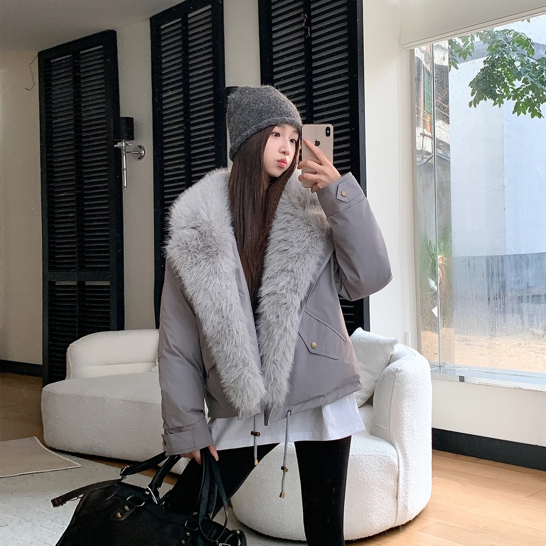 韩系保暖派克服外套女爆款大毛领2025冬季新款时尚短款加厚棉服