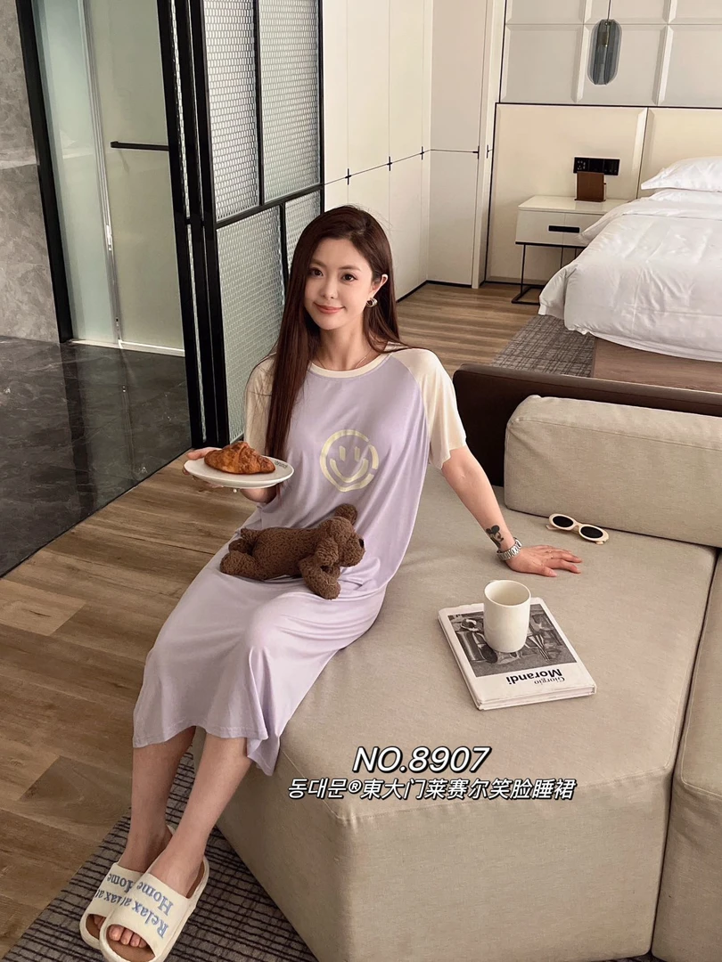 434L8907春季笑脸夏天中长裙休闲甜美睡裙成人连衣裙ins大码薄款