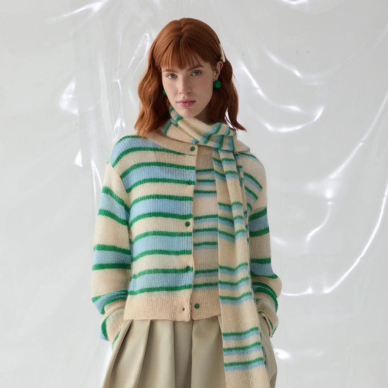 谜底条纹针织衫开衫2025春季新品设计感撞色圆领毛衣女251MZ0393