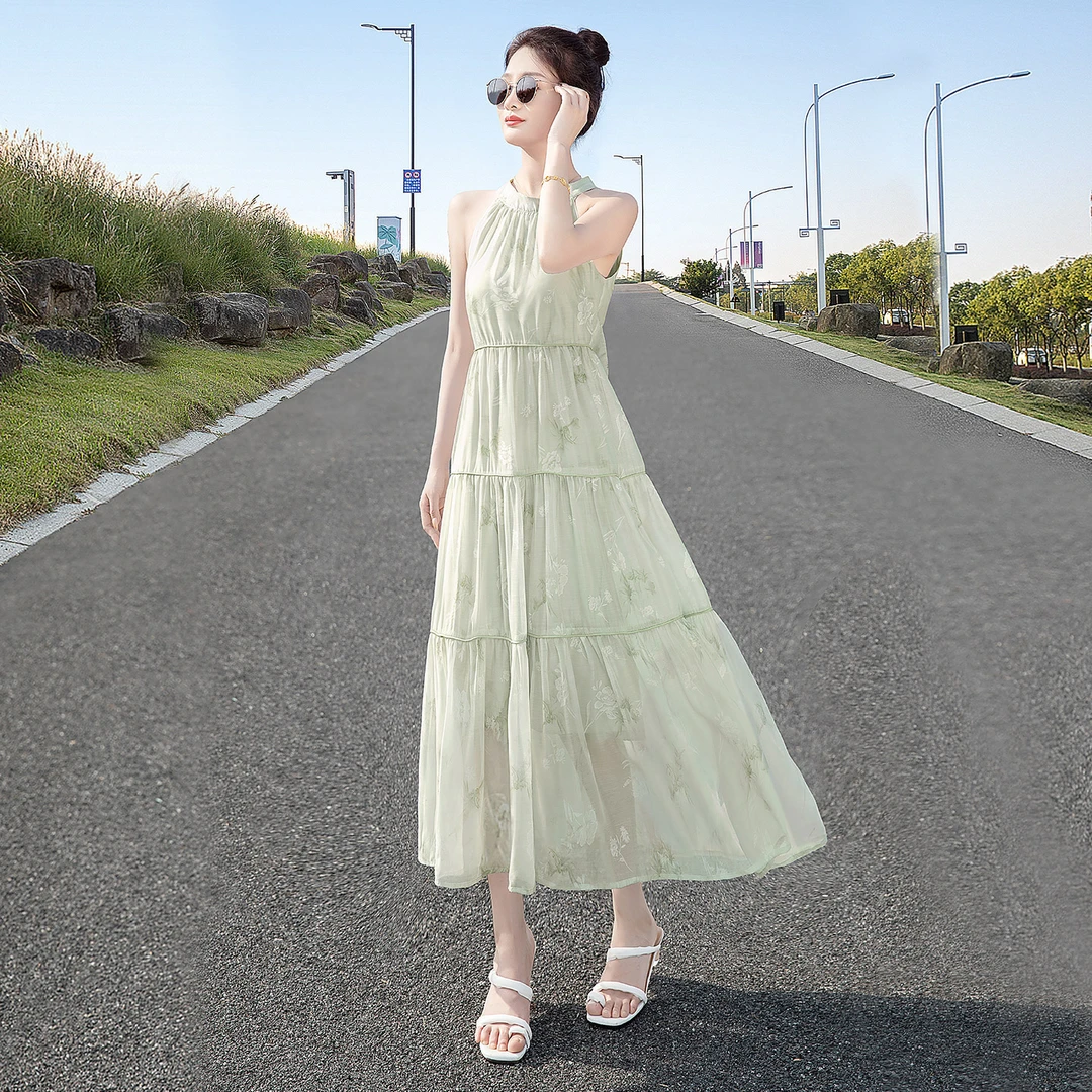 丝柏舍2025夏季新款女收腰显瘦印花无袖长款挂脖连衣裙S52B1636L