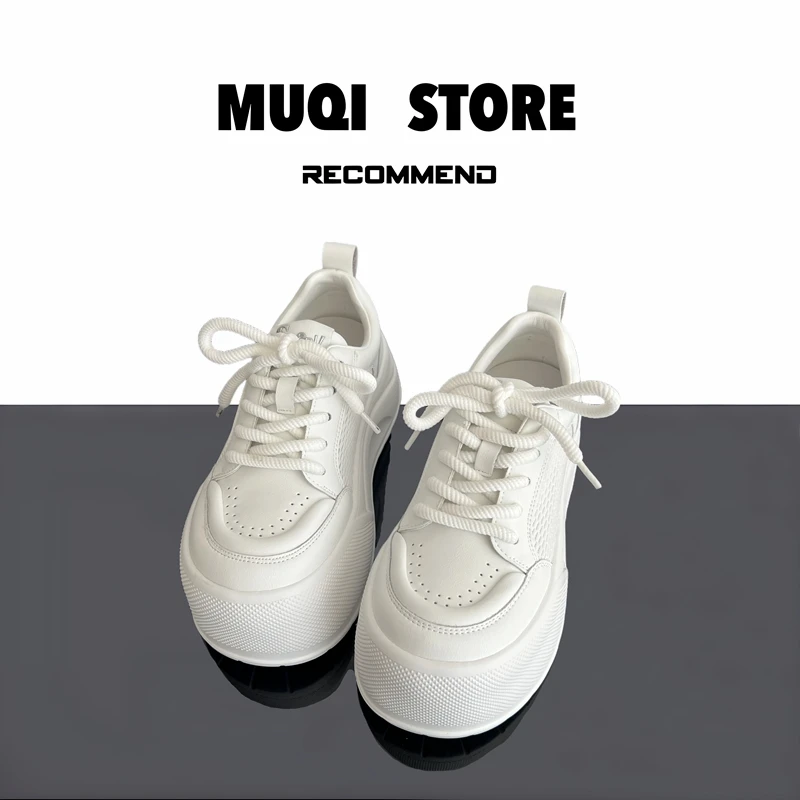 MUQI 超轻2025春夏新款真皮百搭大头鞋厚底增高系带休闲鞋女6CM