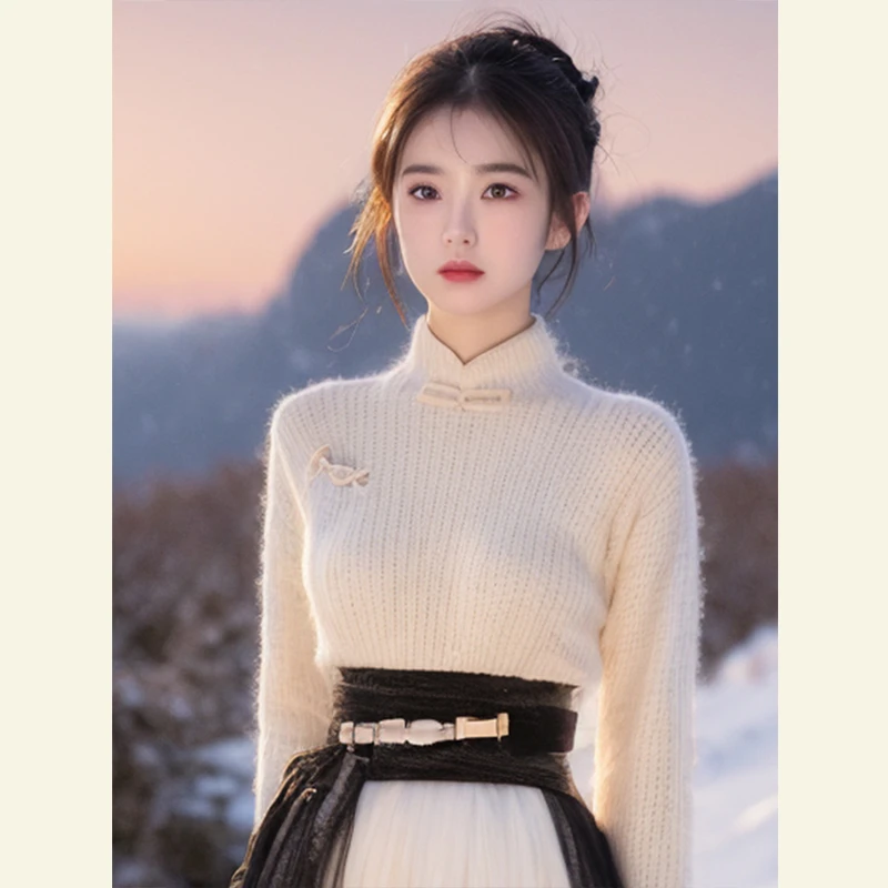 FGH03999秋冬新中式高级穿搭奶白色针织毛衣上衣半身马面裙两件套