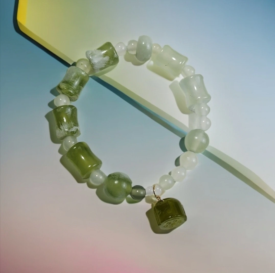 岫玉蛇纹石圆珠竹节珠子混搭手链手串莲蓬提溜清晰感