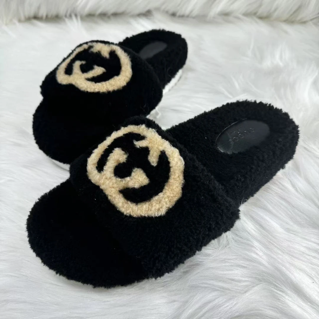 GUCCI/古驰38码/仔仔/无配件/黑色双Glogo时尚潮流毛毛拖鞋wsp211