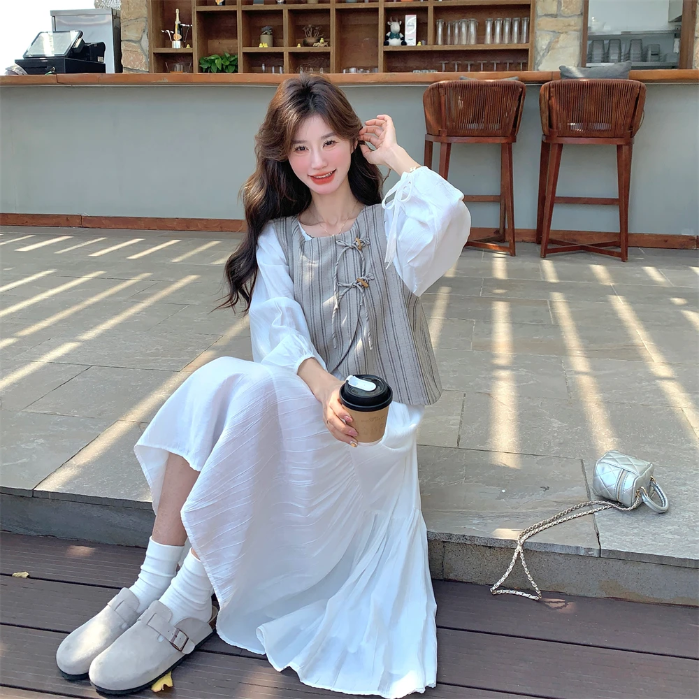 条纹马甲搭配连衣裙套装女气质2025新款裙子氛围感两件套爆款流行