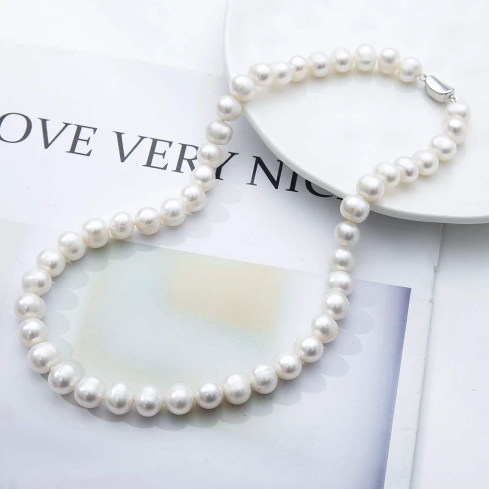 福利款 9-10mm天然淡水无核元宝扣珍珠项链