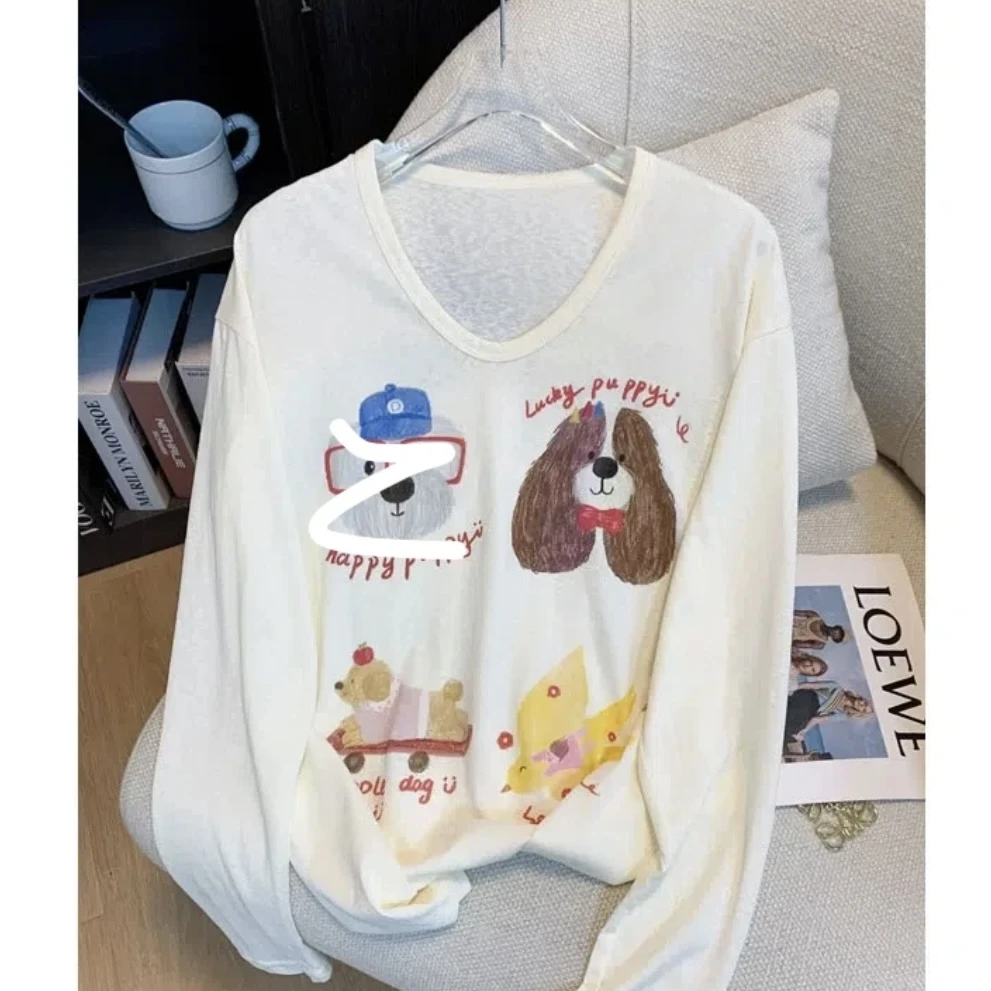 【运补6-8】日系动物卡通印花长袖T恤女慵懒防晒宽松休闲V领上衣