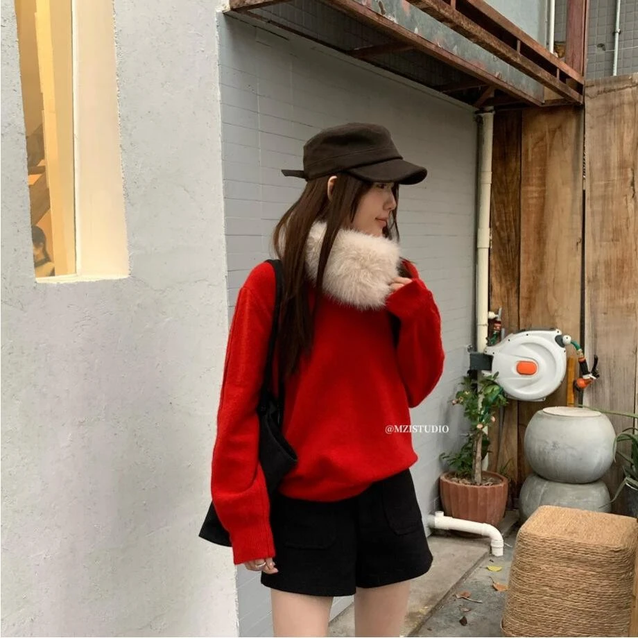 MZISTUDIO秋冬韩系简约风设计感袖子单排扣V领套头保暖毛衣25211