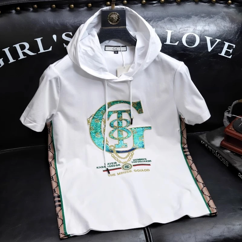 斯里卡琪潮牌高端连帽衫夏季短袖男装时尚亮片刺绣修身上衣半截袖