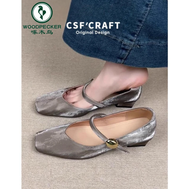 啄木鸟法式单鞋女方头绝美配裙子低跟芭蕾鞋中式一字带扣玛丽珍鞋