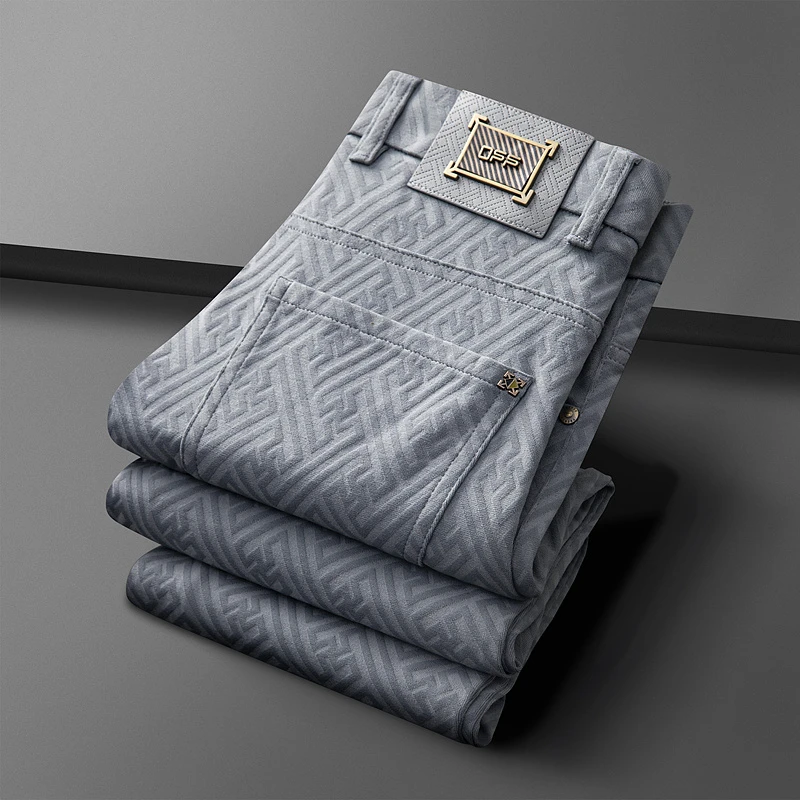 春夏轻奢男裤国风锦纶针织大提花休闲长裤时尚百搭修身直筒长裤