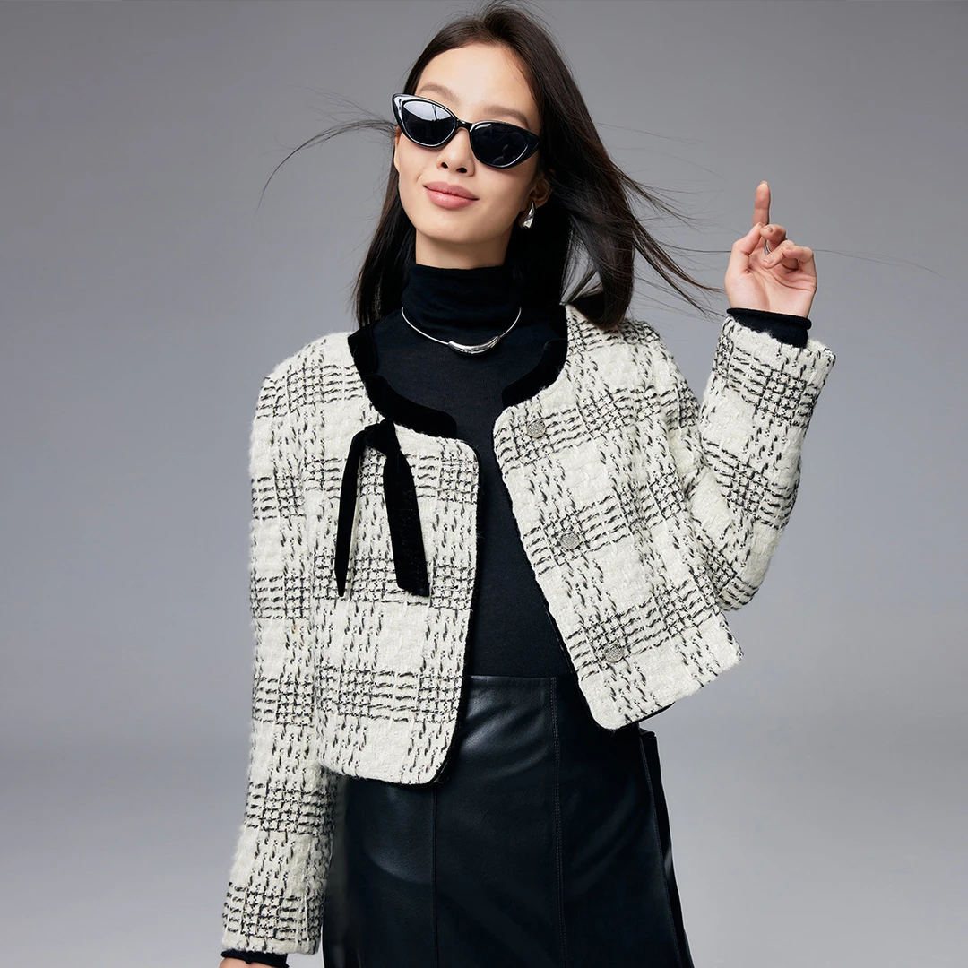 【复古格纹】春季圆领百搭时尚小香风短款羊毛外套女ET23256D