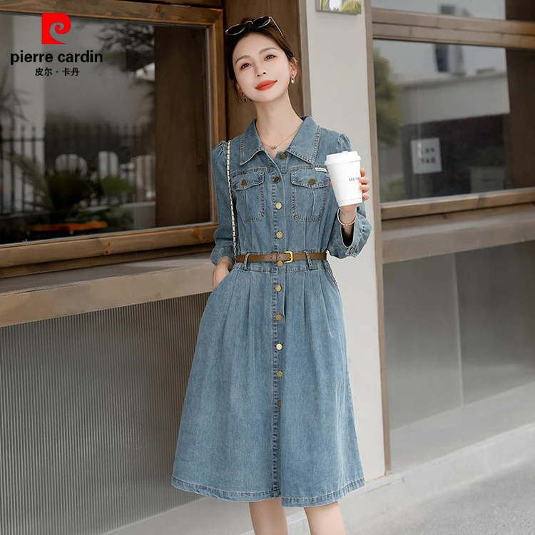 皮尔卡丹时尚休闲高端气质翻领显瘦长袖牛仔中长款连衣裙