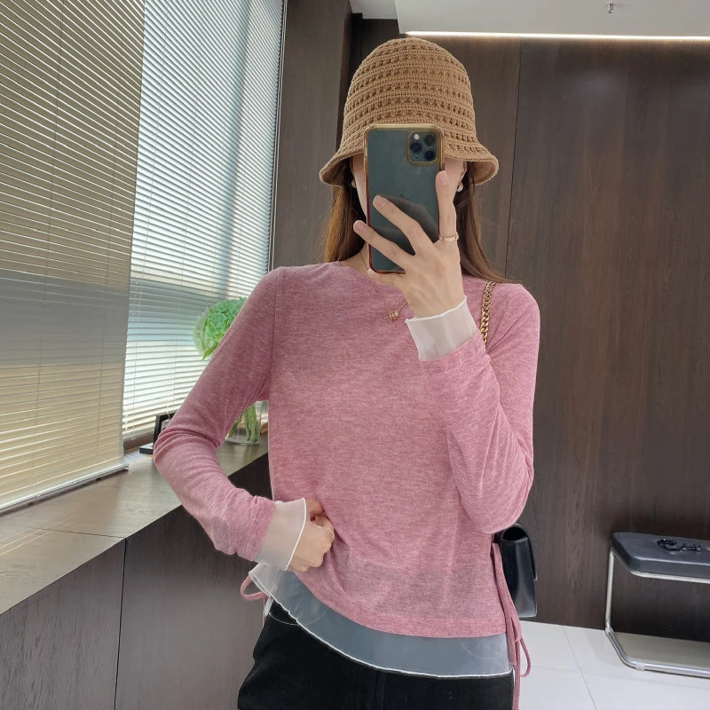 IMFLY金小金自制女装 T恤DYW9021薄款假两件网纱拼接长袖打底衫