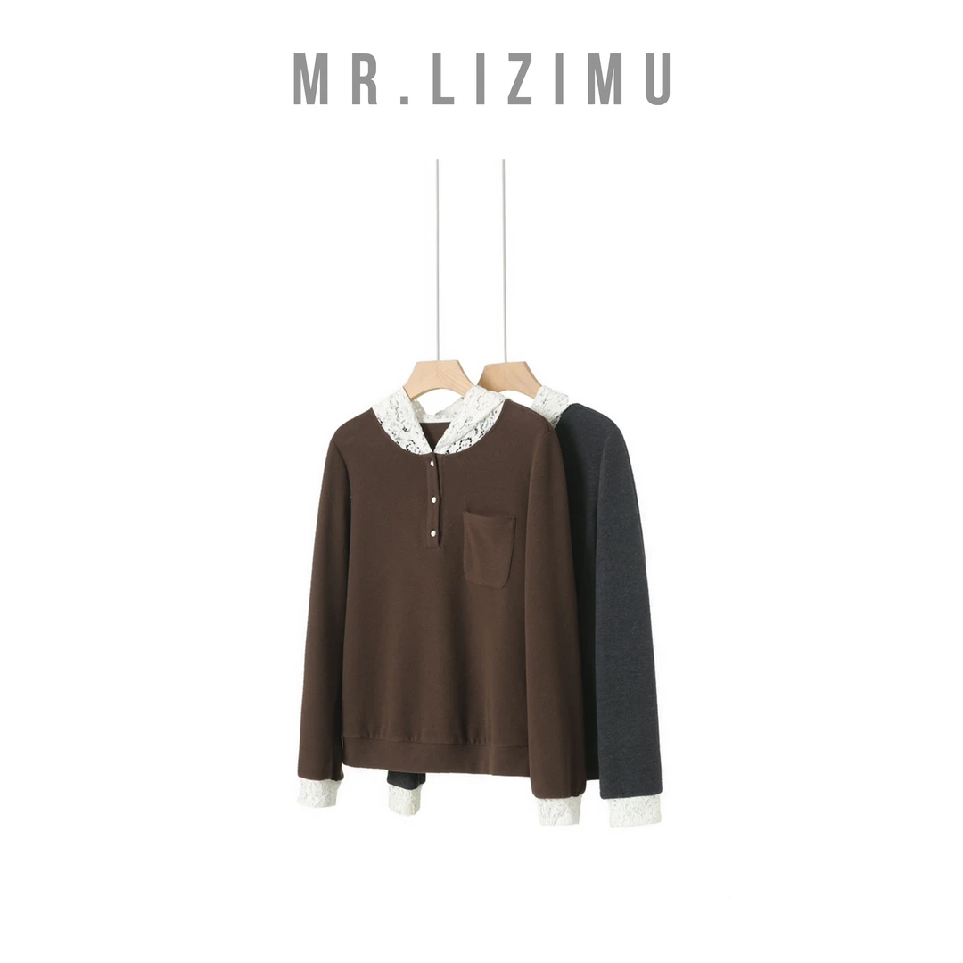 李子木先生时尚蕾丝连帽拼接卫衣女款爆款2025新款秋季休闲上衣