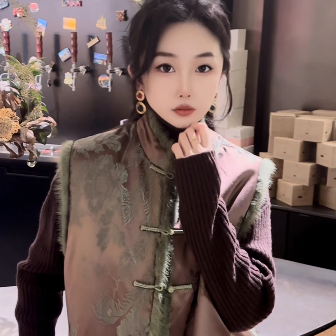 XXJ 寒烟翠 新中式国风加棉马甲女秋冬圆领气质显瘦百搭 8955