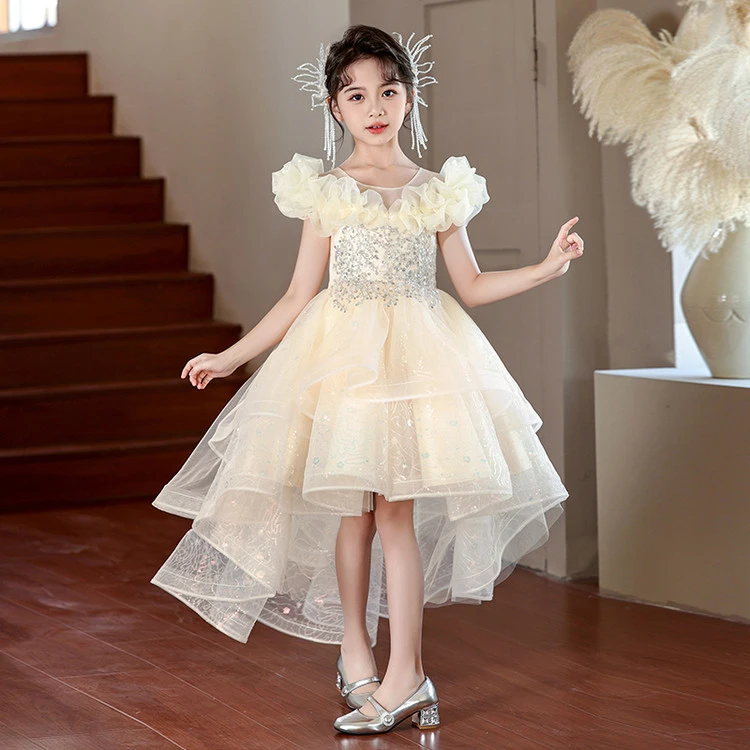 女童高端轻奢小众拖尾公主裙生日演出礼服裙公主礼服洋气走秀蓬蓬