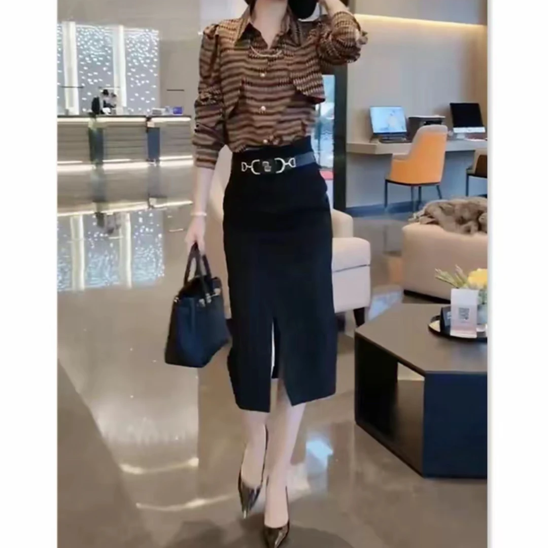 新款时尚翻领休闲长袖衬衫高腰包臀裙修身显瘦女装套装