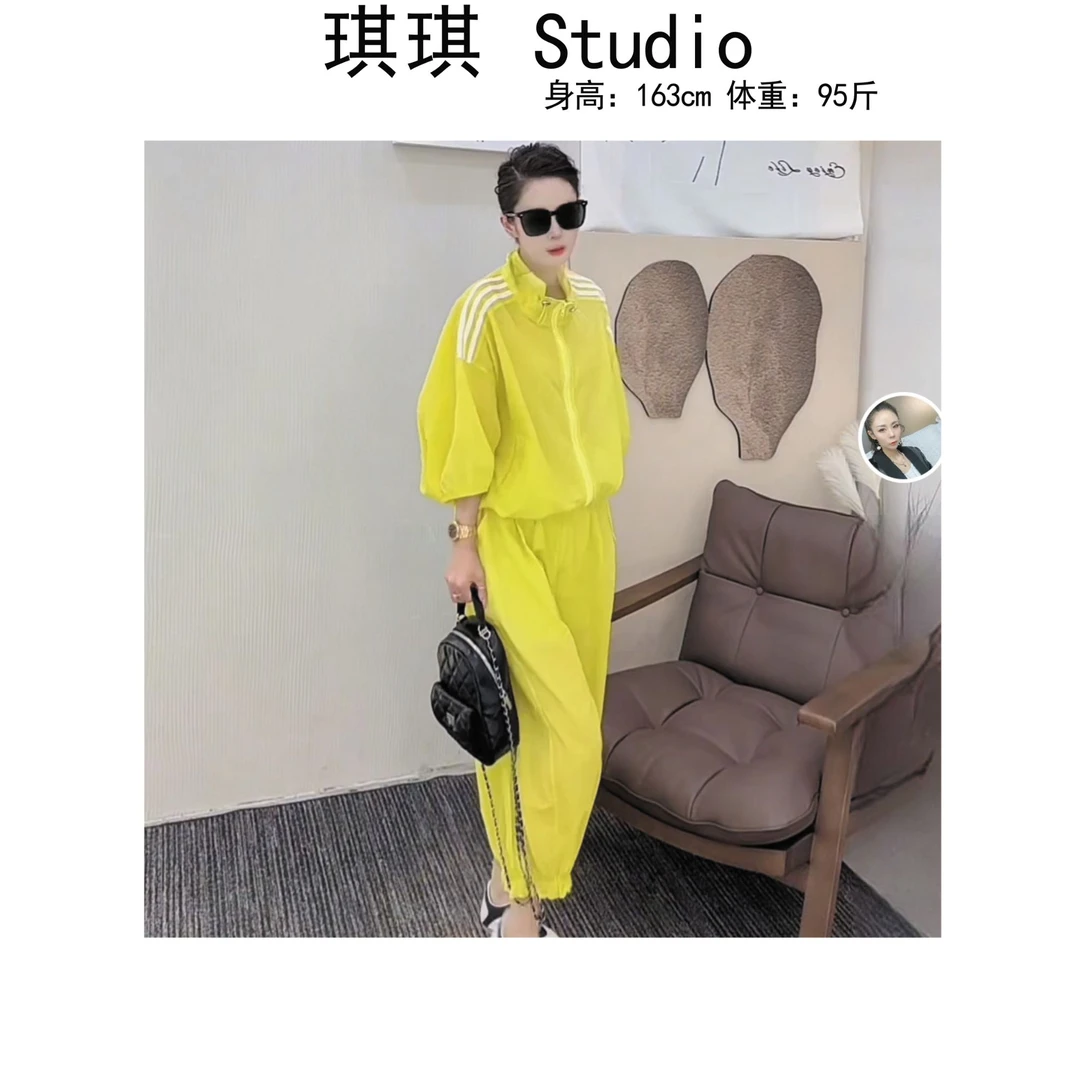 《琪琪家》夏季新款气质时尚领口抽绳袖杠外套裤子两件套5521-CS
