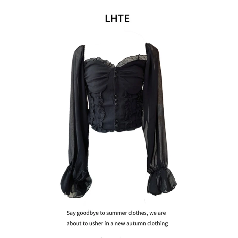 青青大码女装 初春长袖短款修身上衣褶皱性感显瘦纯欲C2780黑色