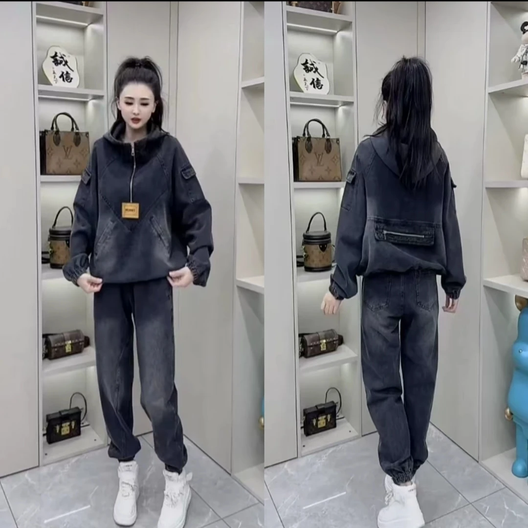 韩版2025春季新款连帽牛仔套装女宽松休闲时尚洋气两件套减龄显瘦