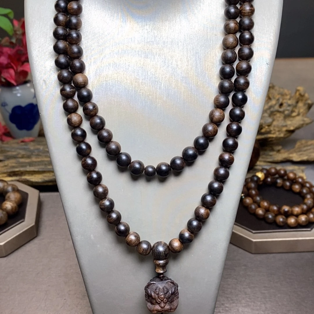 沉香手串越南芽庄紫棋瘤疤8×108➕白棋楠醒狮沉香木雕