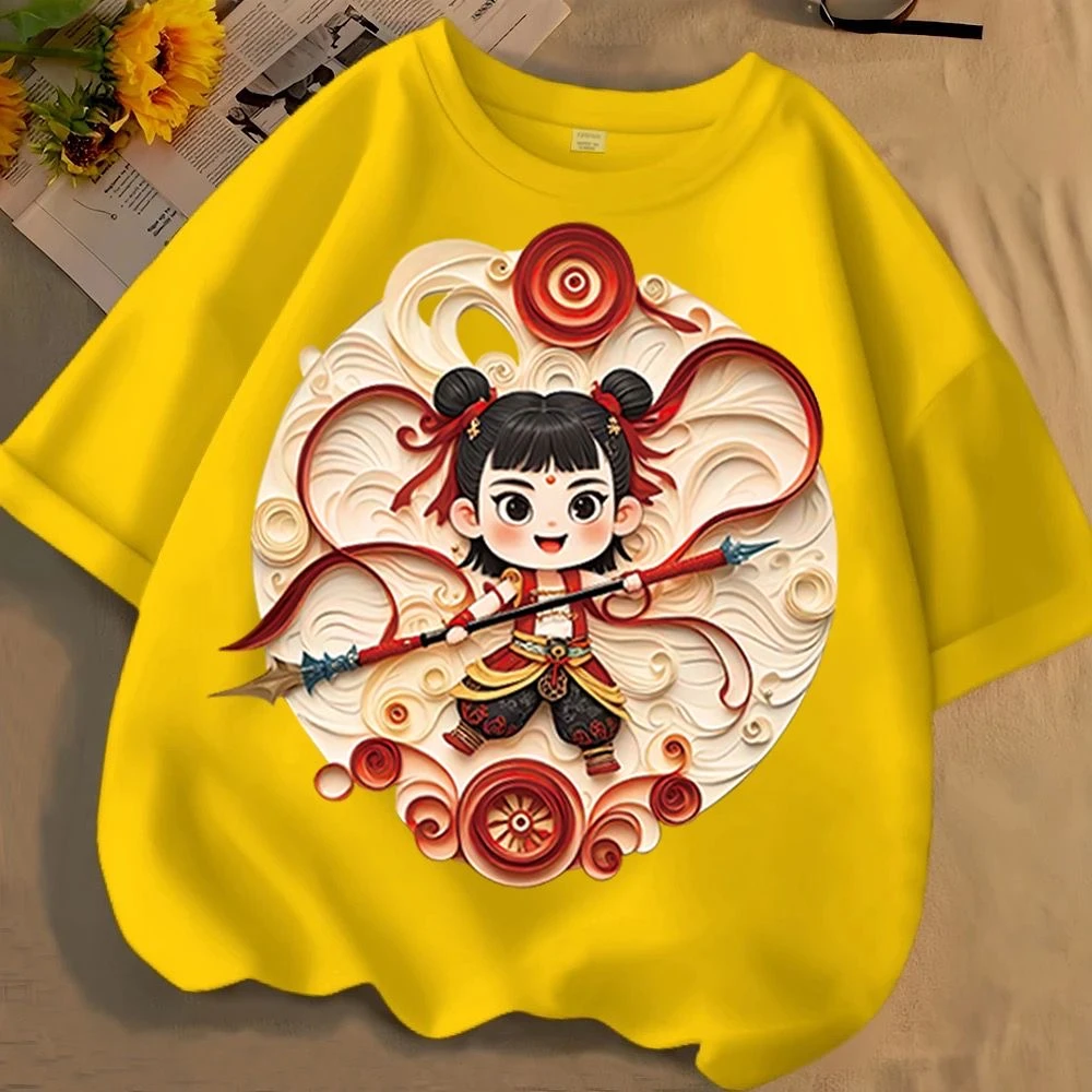 中大童t恤短袖夏季新款国潮卡通小哪吒男童运动半袖休闲纯棉上衣