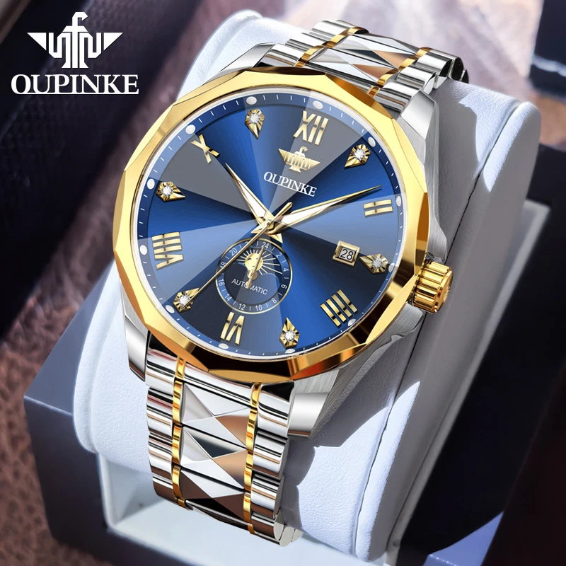 欧品客全自动镶钻男士男款机械防水男士高档潮流帅气月相夜光腕表