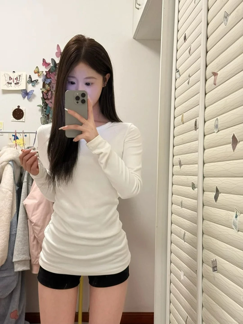 韩系中长款白色正肩长袖t恤女春秋冬2025新款内搭打底衫修身上衣