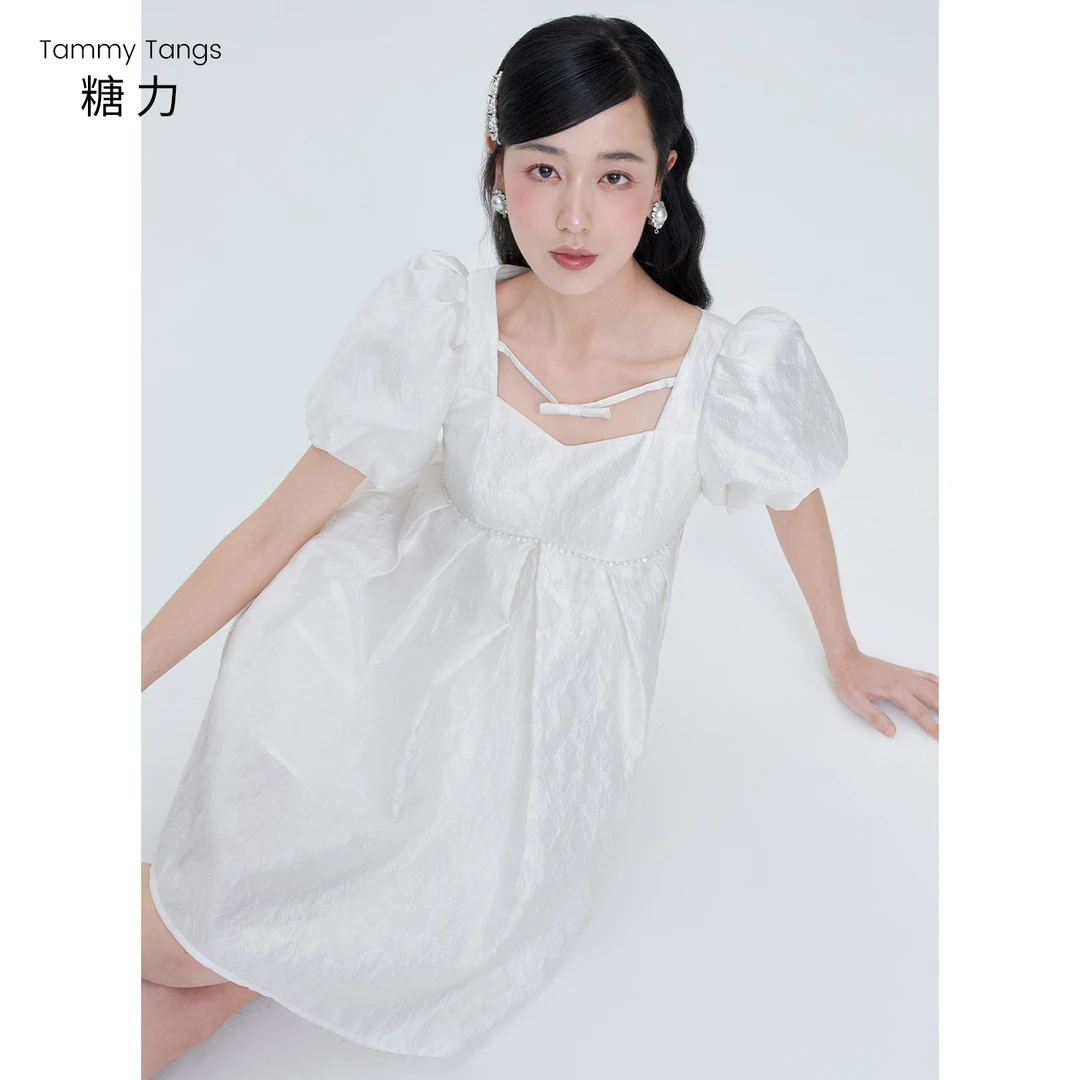 糖力小白裙娃娃裙泡泡袖提花连衣裙