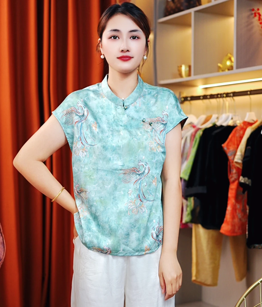 (凤凰）新中式新款洋气短袖小衫丝滑舒适女百搭透气精致提花显瘦气
