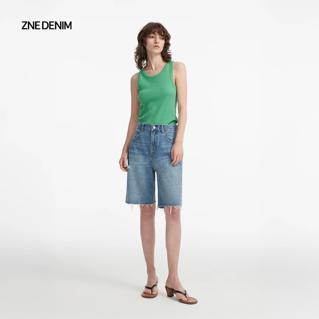 ZNE简练率性宽松牛仔直筒五分中裤女1267