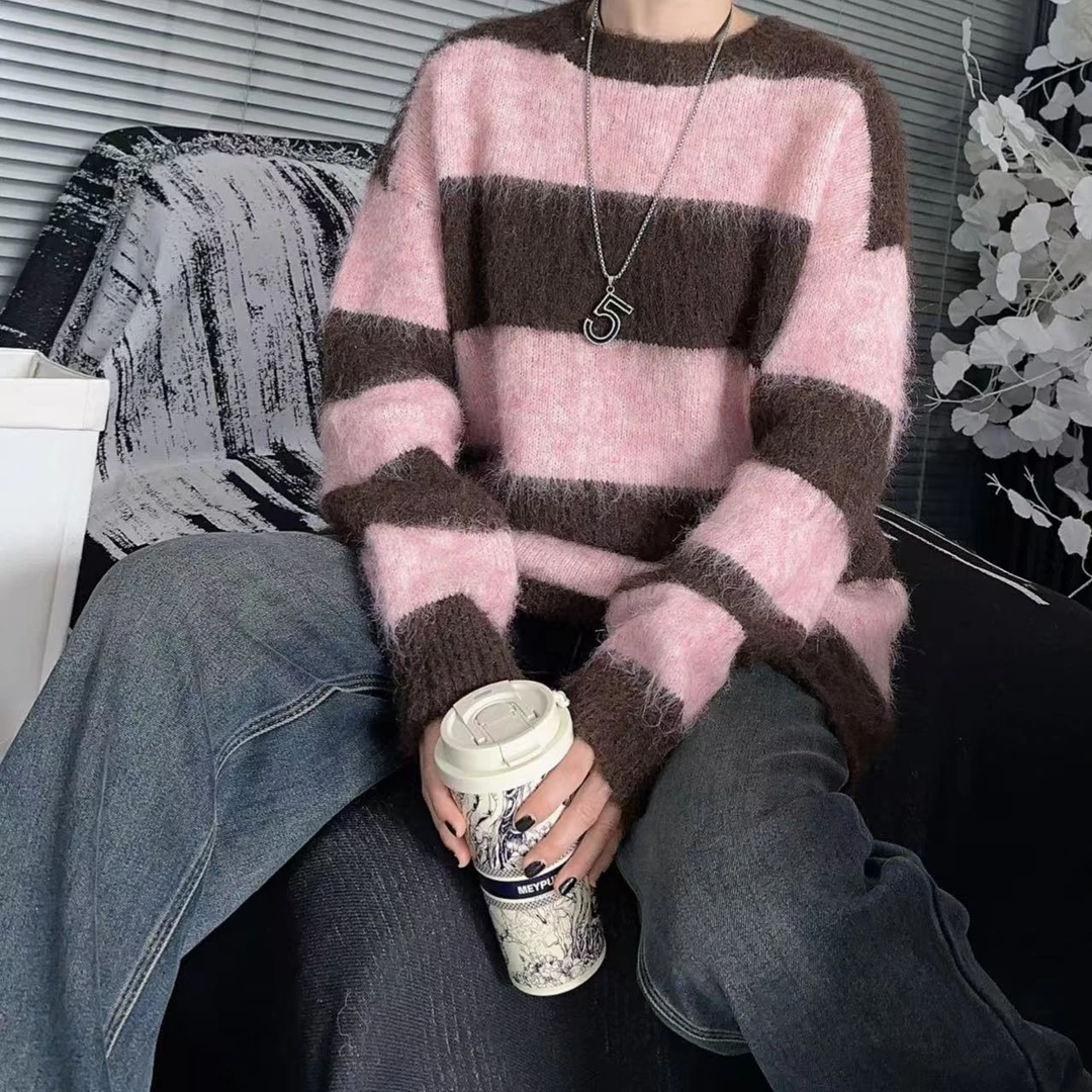 原创长绒毛粉咖针织毛衣宽松条纹韩版套头时尚拼色潮流圆领毛衣