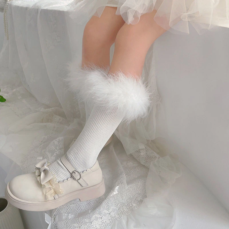 秋冬新品羽毛花边棉袜堆堆袜女童公主袜学生宝宝中筒袜女