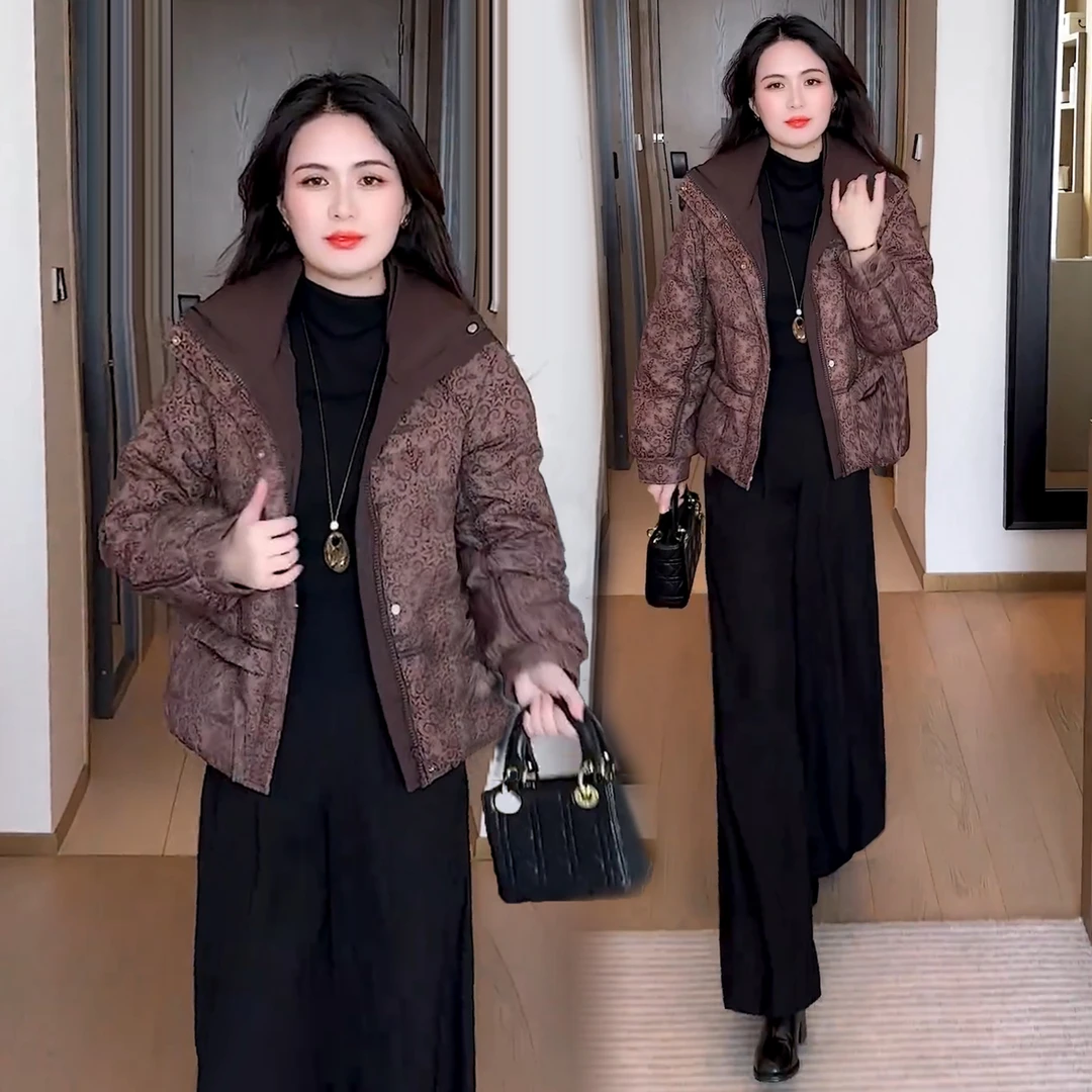 时尚印花棉服女2025冬季新款洋气显瘦小个子保暖棉袄面包服潮