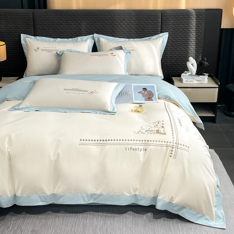 艾莱菲纯棉刺绣绣花婚庆高端四件套纯色床单床上被套床品简单桃