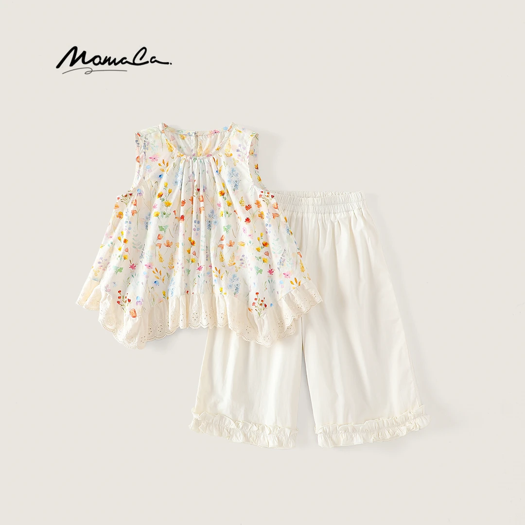 MOMOCO女童2025新款夏季花边甜美碎花七分裤纯棉套装77620580095