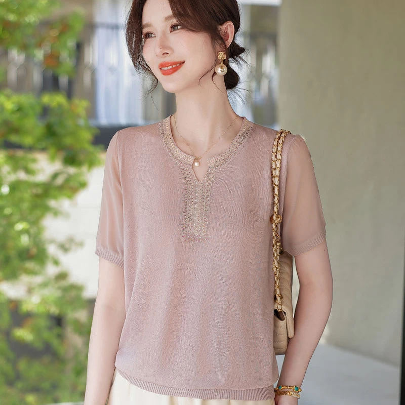 中老年女夏装阔太太洋气短袖上衣40岁50妈妈装夏季针织冰丝T恤衫