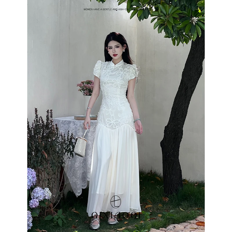 七小七Sicily【白茶薇薇安】法式温柔风立领白色显瘦连衣裙女夏长裙