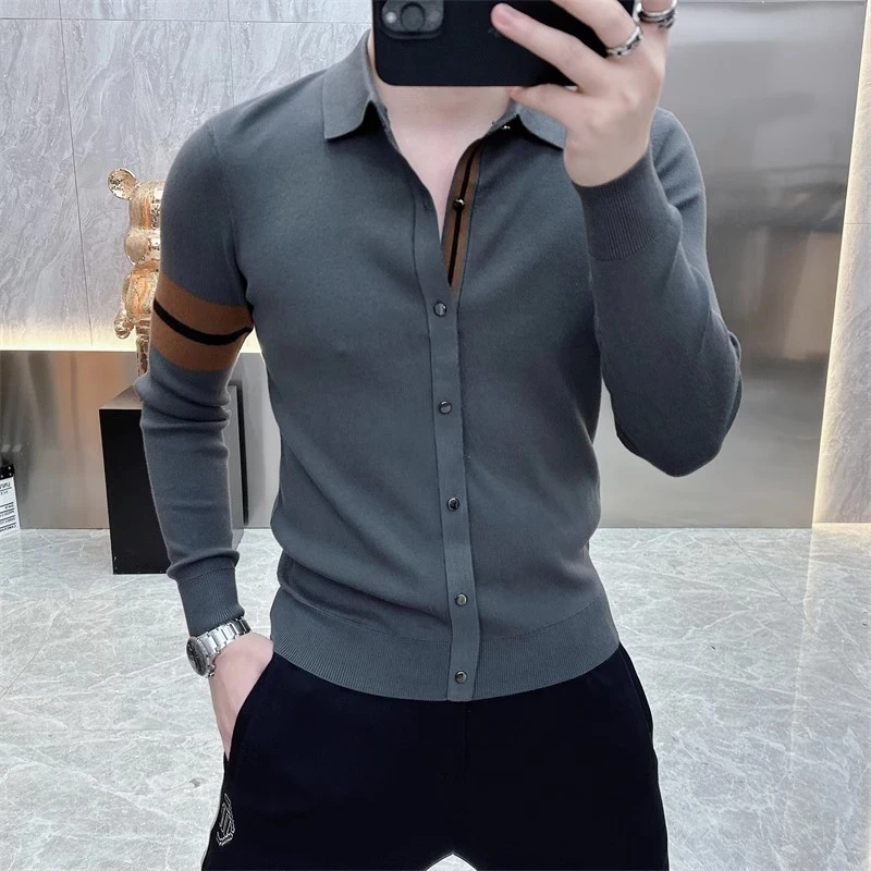 欧货高端翻领针织衫男2025秋冬新款时尚长袖老钱风毛衣打底衫男