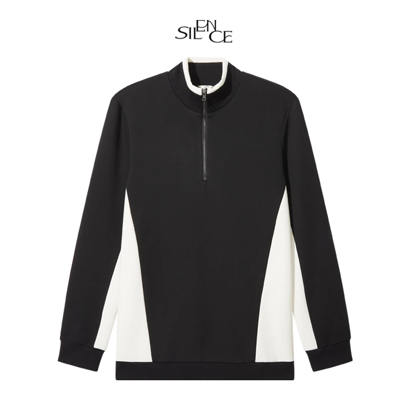 SILENCE  24秋冬  半立领拉链黑白拼接卫衣